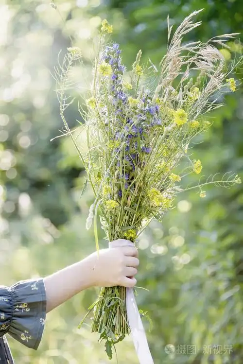 一束野花在一个小女孩的手中, 而在树林中漫步