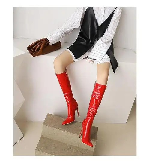 靴欧美性感超夜店鞋侧拉链尖头漆皮细过膝长筒女靴靴子女装的鞋长靴