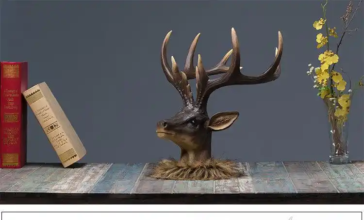 鹿头摆件工艺品鹿角客厅居饰品办公室桌面摆银色383337cm