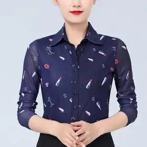 正品哥弟新款女装专柜正品牌2022年春秋蕾丝印花长袖碎花网纱衬衫