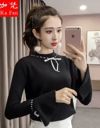 诺咖梵 高中生初中生秋装女2018新款韩版圆领系带蝴蝶结套头针织衫