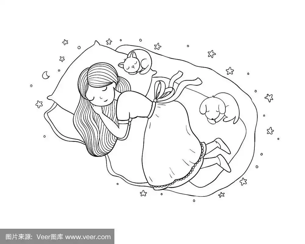 女孩猫和狗睡在床上晚安