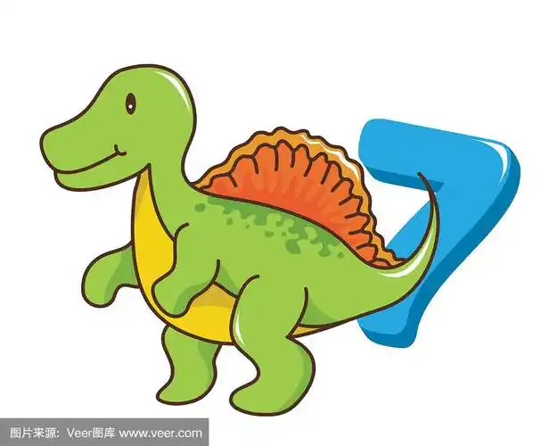 彩色可爱的史前婴儿棘龙恐龙插图和数字7