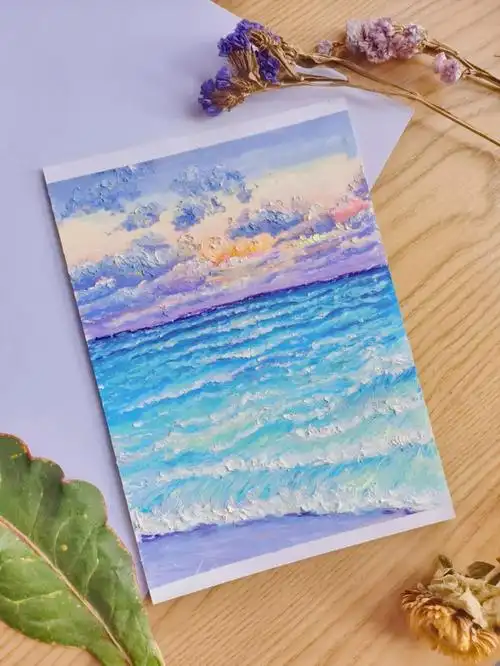 原创油画棒风景画大海紫水晶梦境附步骤