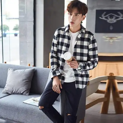 春季新品经典格子时尚休闲男士长袖衬衫