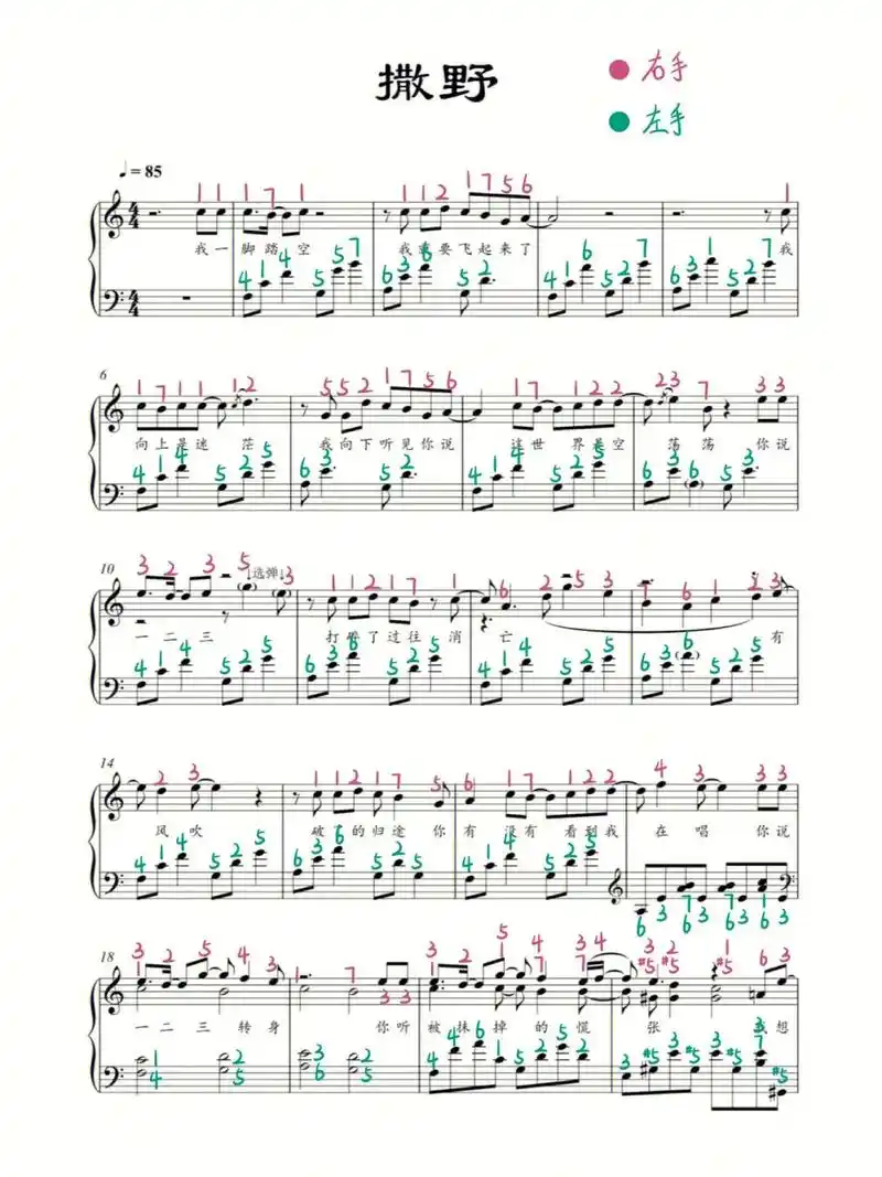 c调撒野钢琴谱双手简谱