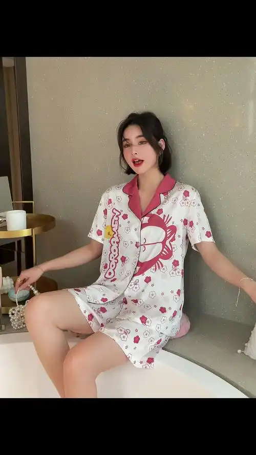 睡衣女夏季薄款冰丝短袖短裤家居服丝绸开衫印花宽松两件套装861