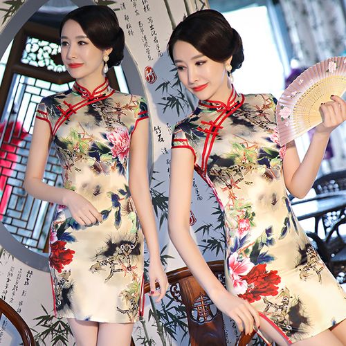 冉婷秋冬时尚改良修身短款丝绸印花少女日常旗袍裙妈妈装连衣裙子