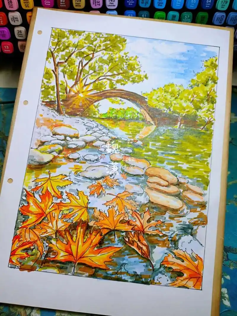 风景画# #马克笔教程# #落叶# #照片转插画# #马克笔画# #手绘