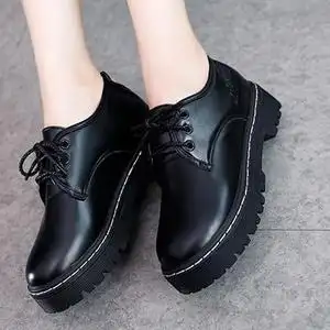 大东菲泺系带复古春秋冬 黑色单鞋女鞋子系带圆头 厚底小皮鞋女