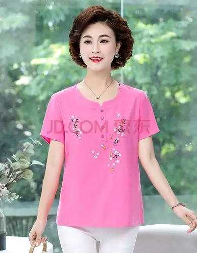 中老年t恤女半袖妈妈装夏装新款宽松50-60岁中年上衣打底衫 玫红色