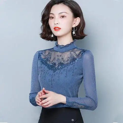网纱打底衫女长袖新款百搭亮丝t恤高领镂空蕾丝上衣小衫 kql139