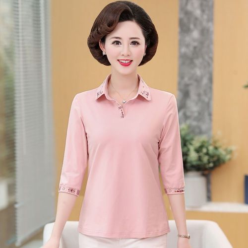 春季新品中老年女士纯棉t恤妈妈装纯色休闲衫七分袖夏季薄款上衣