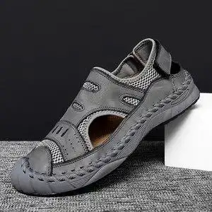 男凉鞋真皮透气厚底网布休闲手工沙滩鞋男士大码夏款外穿洞洞潮鞋