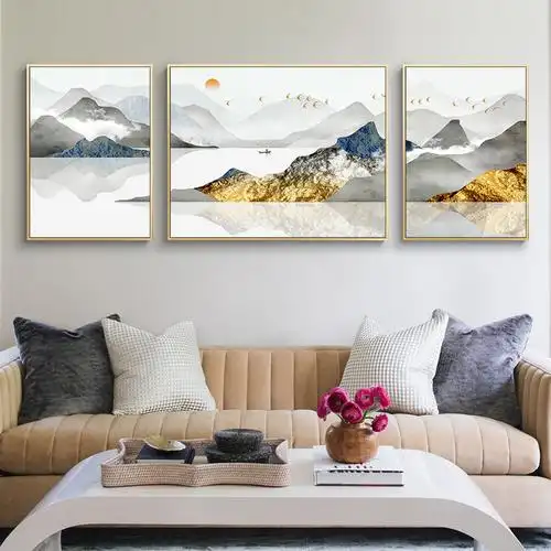 高档大气客厅山水装饰画沙发背景墙挂画三联画现代简约新中式壁画