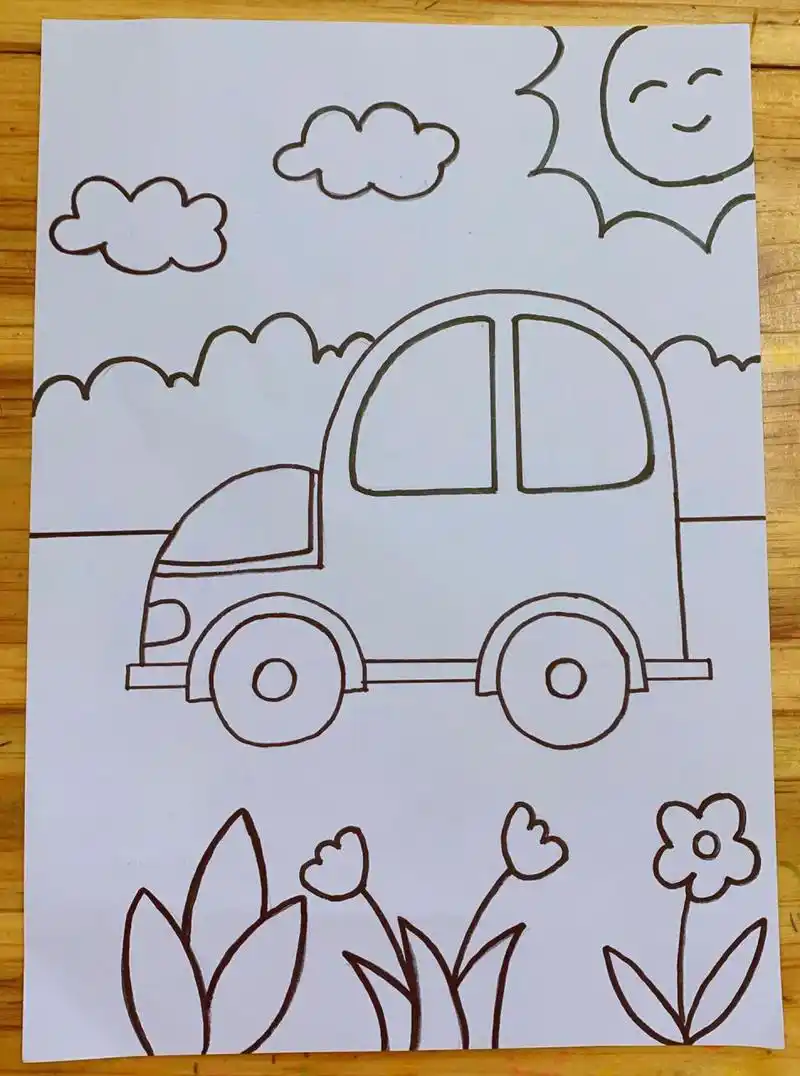 儿童美术96适合3-6岁的简笔画,主题《我爱我家》作品:妈妈的小汽车