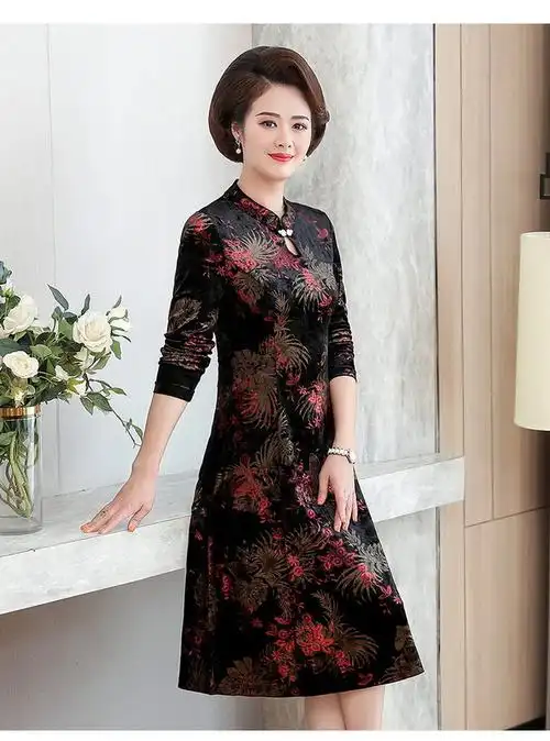 yx-2001 春秋装贵夫人妈妈连衣裙50岁60长袖旗袍式裙子过膝