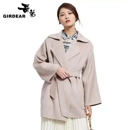 哥弟女装2017冬季新款翻领长袖系腰带双面呢大衣a400077