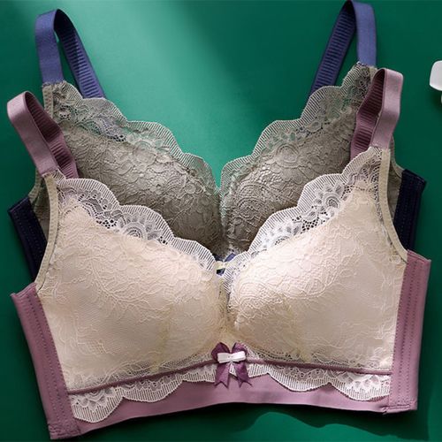 女无钢圈聚拢文胸小胸深v性感蕾丝上托调整型少女撞色文胸豆绿色38c