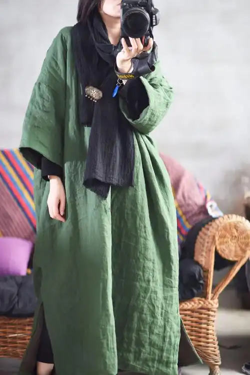 1909/印记 原创亚麻 女式秋冬长款手工薄棉夹棉套头纯色棉衣棉袍