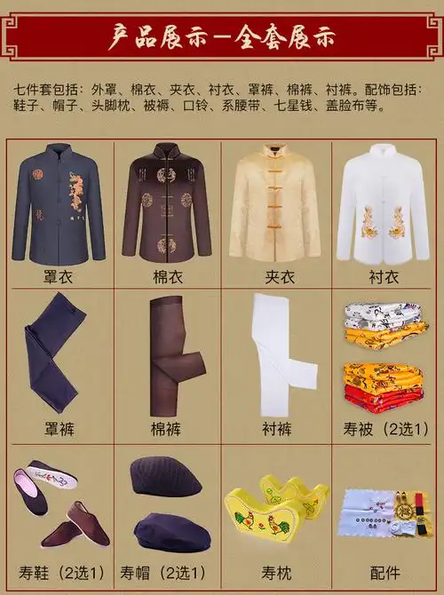 寿衣男中山装西服全套七件套殡葬用品纯棉老人冲装老衣送老服寿衣 七