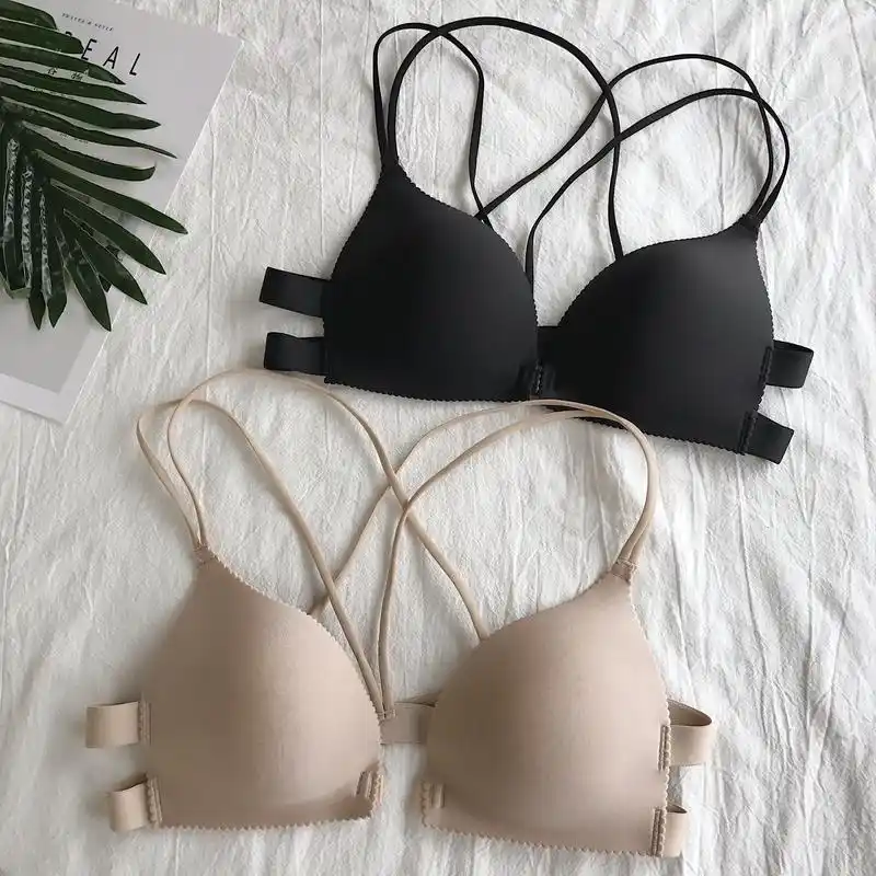 夏季交叉肩带性感聚拢文胸无痕无钢圈纯色胸罩前搭扣抹胸裹胸内衣_不