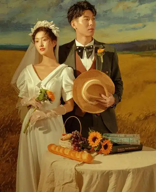 以倒牛奶的女人为灵感而创作的复古油画风婚纱照画面温馨静谧氛围舒适