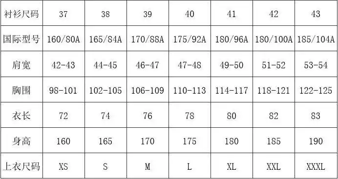 尺码对照表