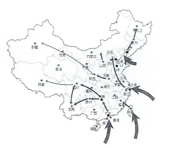 辣椒在中国本土的传播路线,星号为重要传播起点.