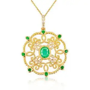 俊皇珠宝 18k黄金镶嵌钻石镂空吊坠 祖母绿宝石太阳花圆牌吊坠女
