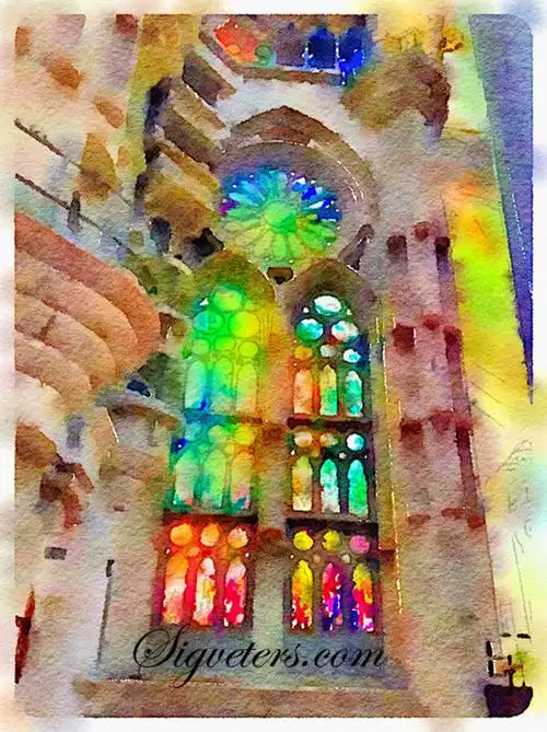 手绘水彩插画 高迪马赛克 圣家堂