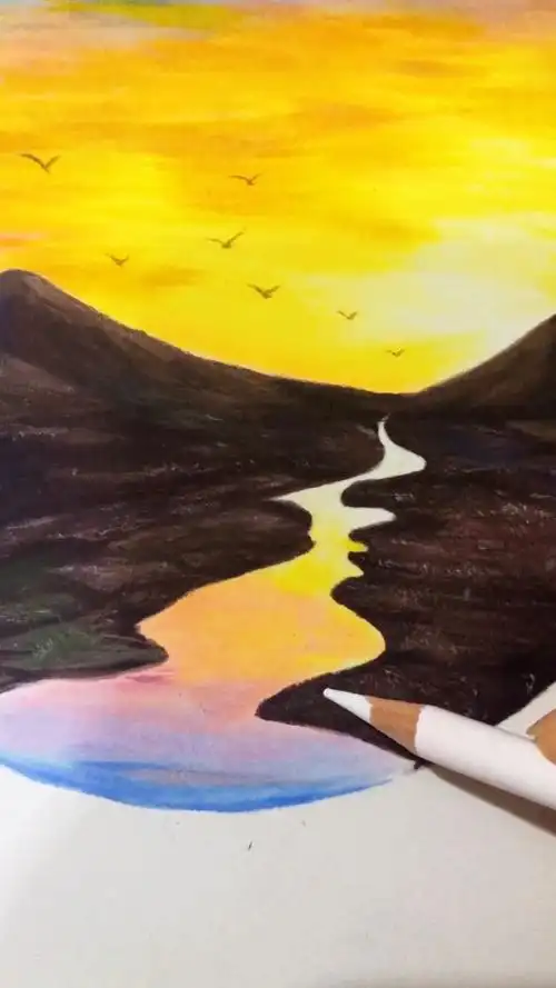 夕阳西下,马克笔画大背景,彩铅修饰细节