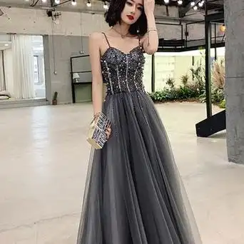 (清货)黑色吊带晚礼服女长款宴会气质感名显瘦气质演出服小礼服