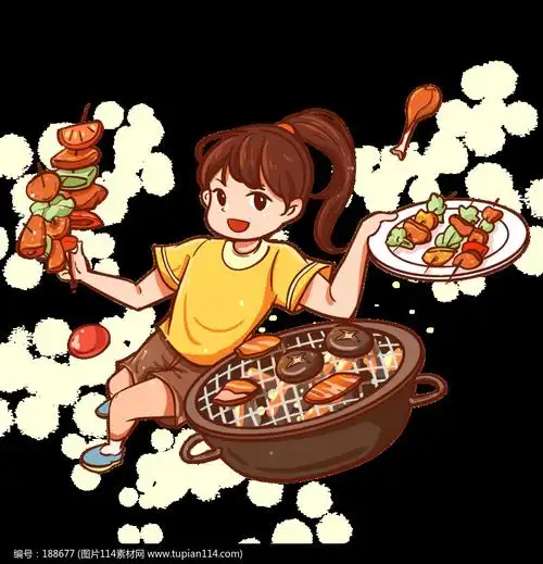 夏日美食食物女孩吃烧烤烤肉png素材