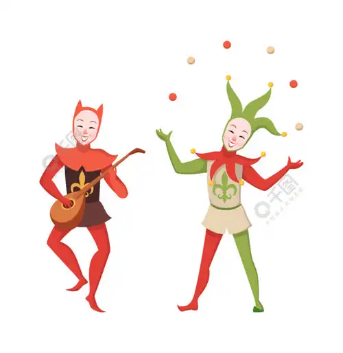 中世纪的小丑和丑角传统漫画家杂耍和演奏乐器幽默的roya表演者穿着