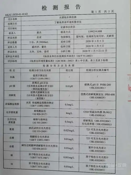 汉阴县2020年第一季度水源地水质检测报告