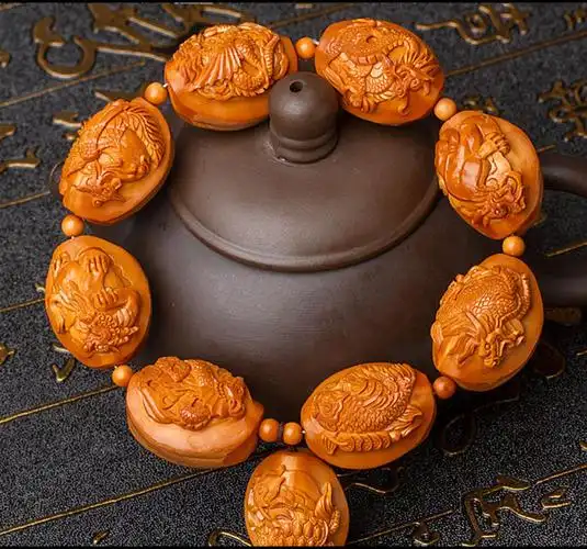 苏州精雕包衣款油核龙生九子橄榄核手串大籽手工雕刻男士木手链lc-雅