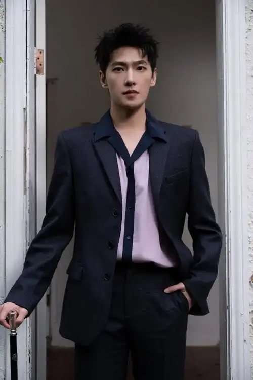 杨洋摘面具#昨日,@杨洋杨洋出席活动造型释出,深蓝色系暗纹西装磁配