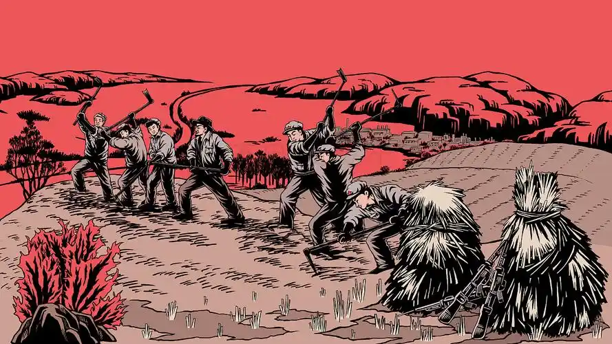 版画风格红色革命题材延安系列插画三张