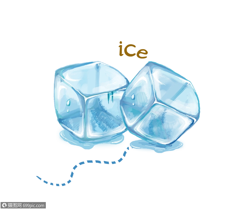 手绘蓝色冰块卡通英文绿叶木瓜