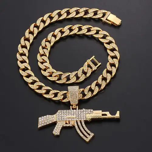 游戏周边纪念品黄金ak47 uzi沙漠之鹰男士个性镶锆石嘻哈饰品项链