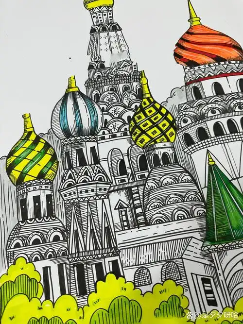 创意线描画|欧式建筑《俄罗斯的大教堂7615》