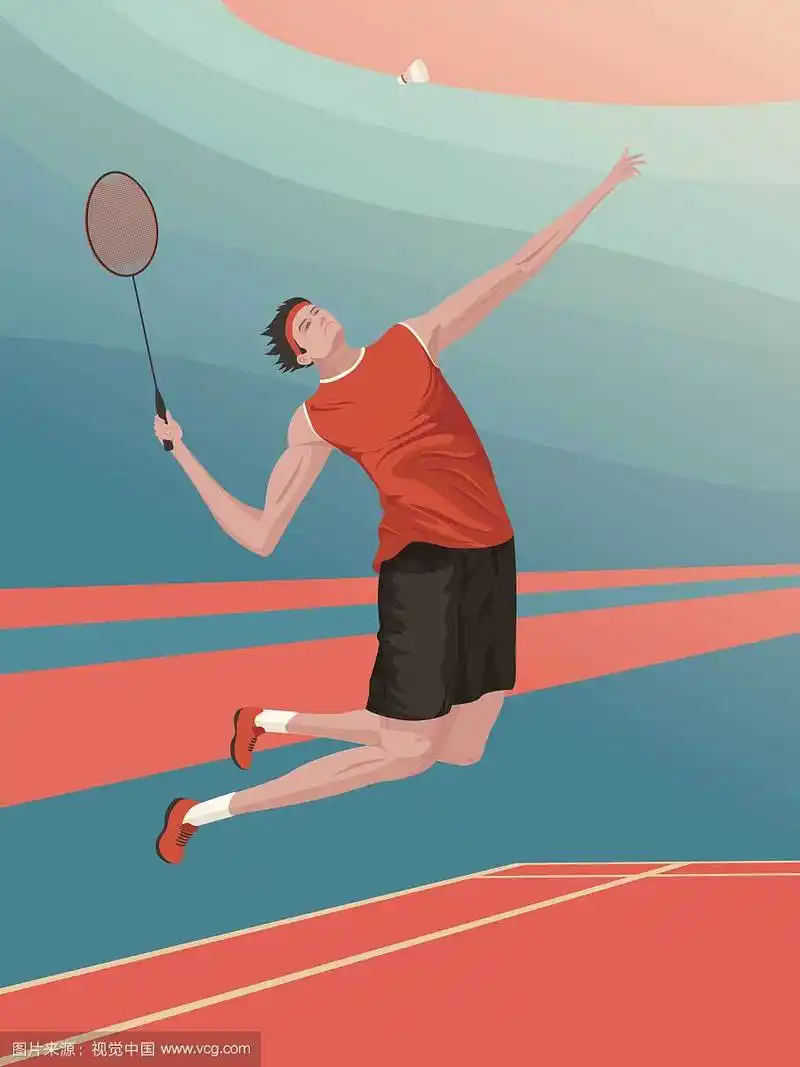 青年运动员跳跃打羽毛球扣球矢量图