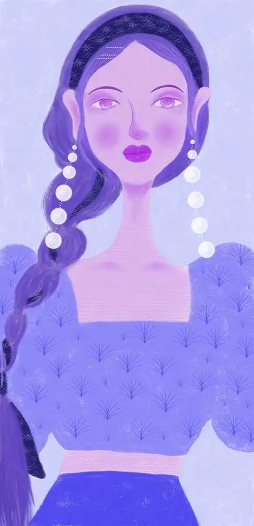 紫色系原创手绘插画《戴珍珠耳环的女孩》