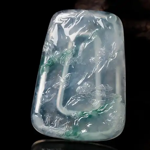 收藏级天然缅甸翡翠a货高冰飘花意境山水69.01克