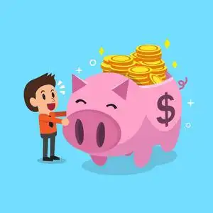 卡通商人和粉红色的存钱罐照片