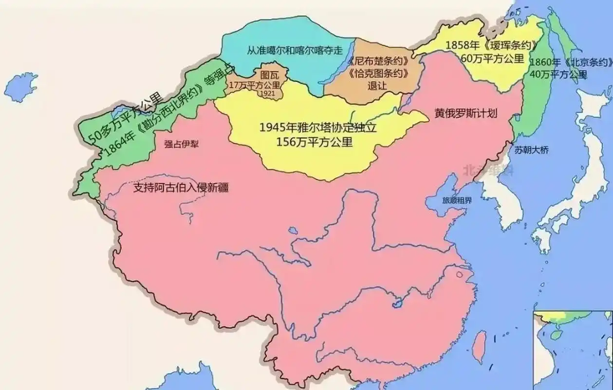 清末和民国时期,中国丢失的领土一览图,总共丢失大约360万平方公里的