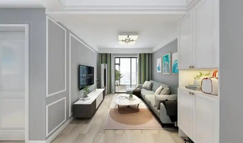 在墙面和顶面中间,有一条白色的腰线.