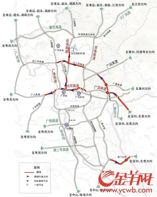 广州市主要对外进出口的道路车流量将明显增长,预计高峰时段机场高速
