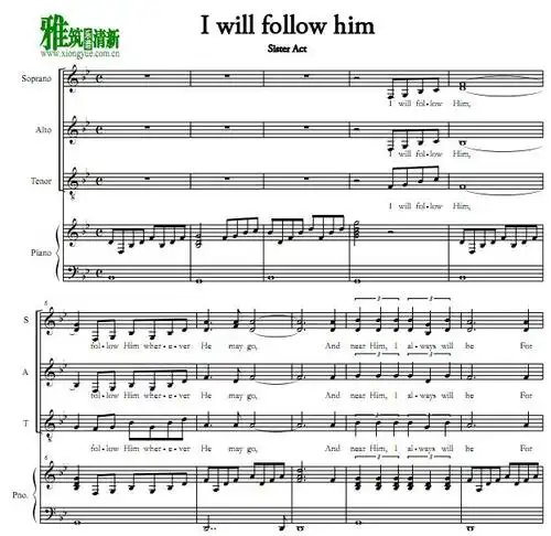 修女也疯狂i will follow him三声部合唱钢琴伴奏谱